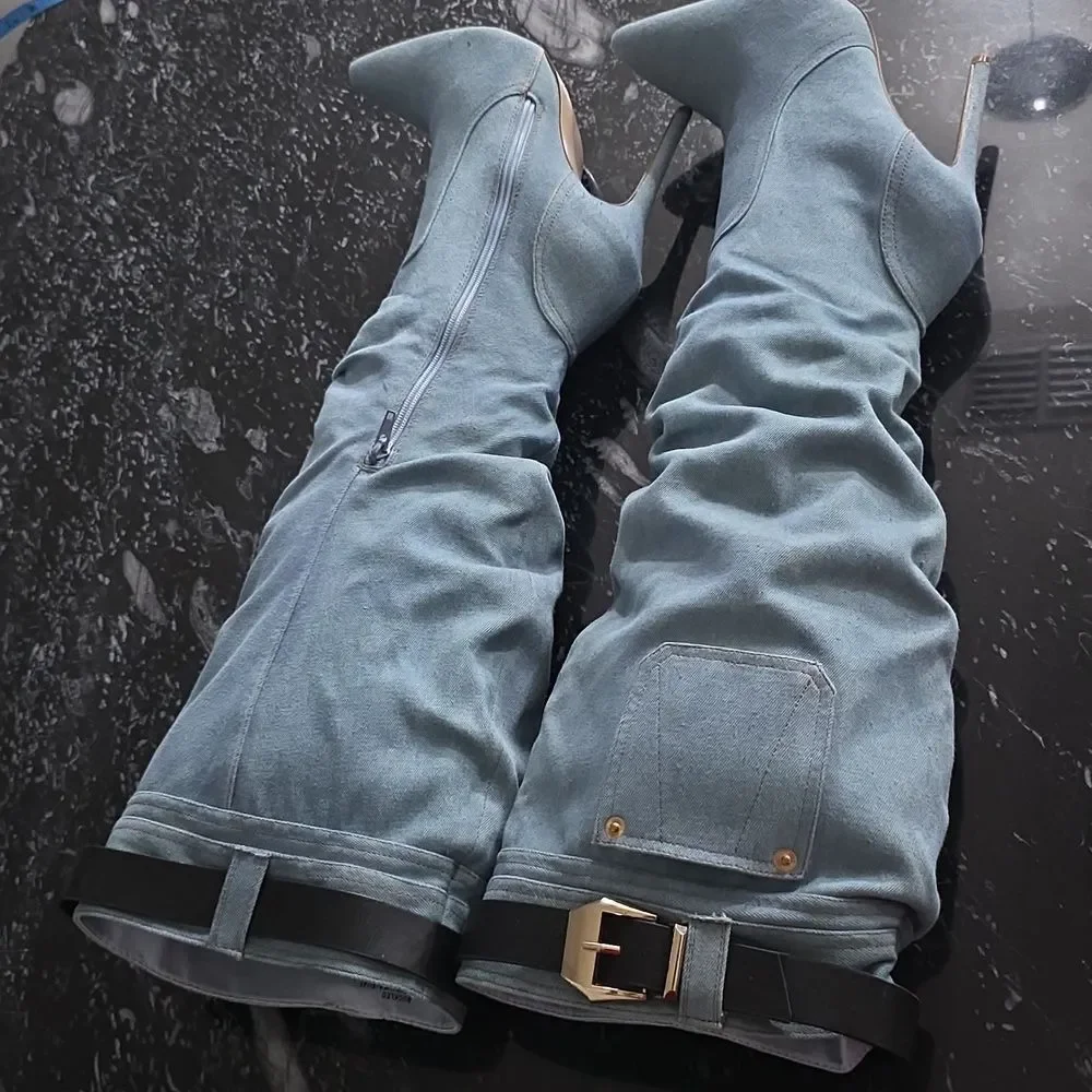 BRAND NEW SHOEDAZZLE BUCKLE OVER THE KNEE STILETTO HEEL WOMENS SLOUCH BOOTS
